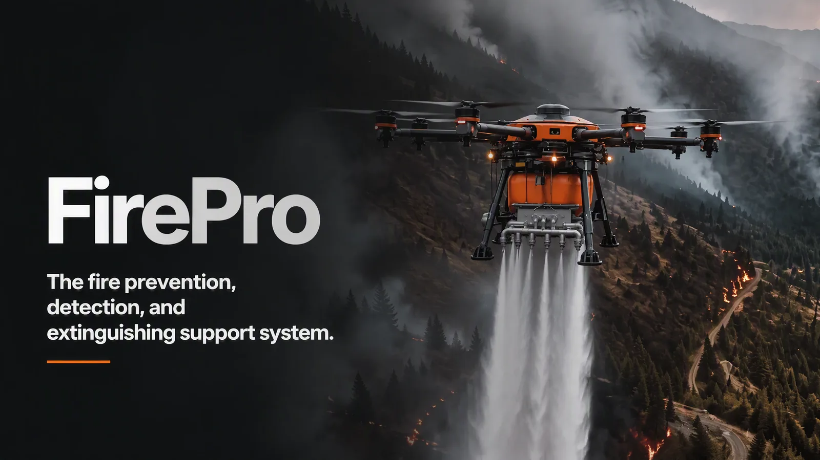 FirePro concept render — an illustration of a proposed wildfire response drone. Concept only; no such system is deployed or operating.
